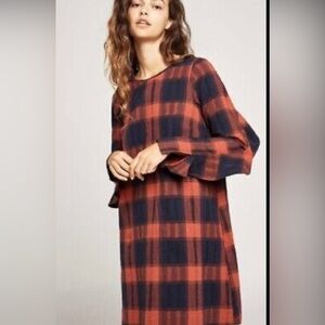 BCBGENERATION Long Sleeve Plaid Ruffle Knee Length Shift Dress Women’s S